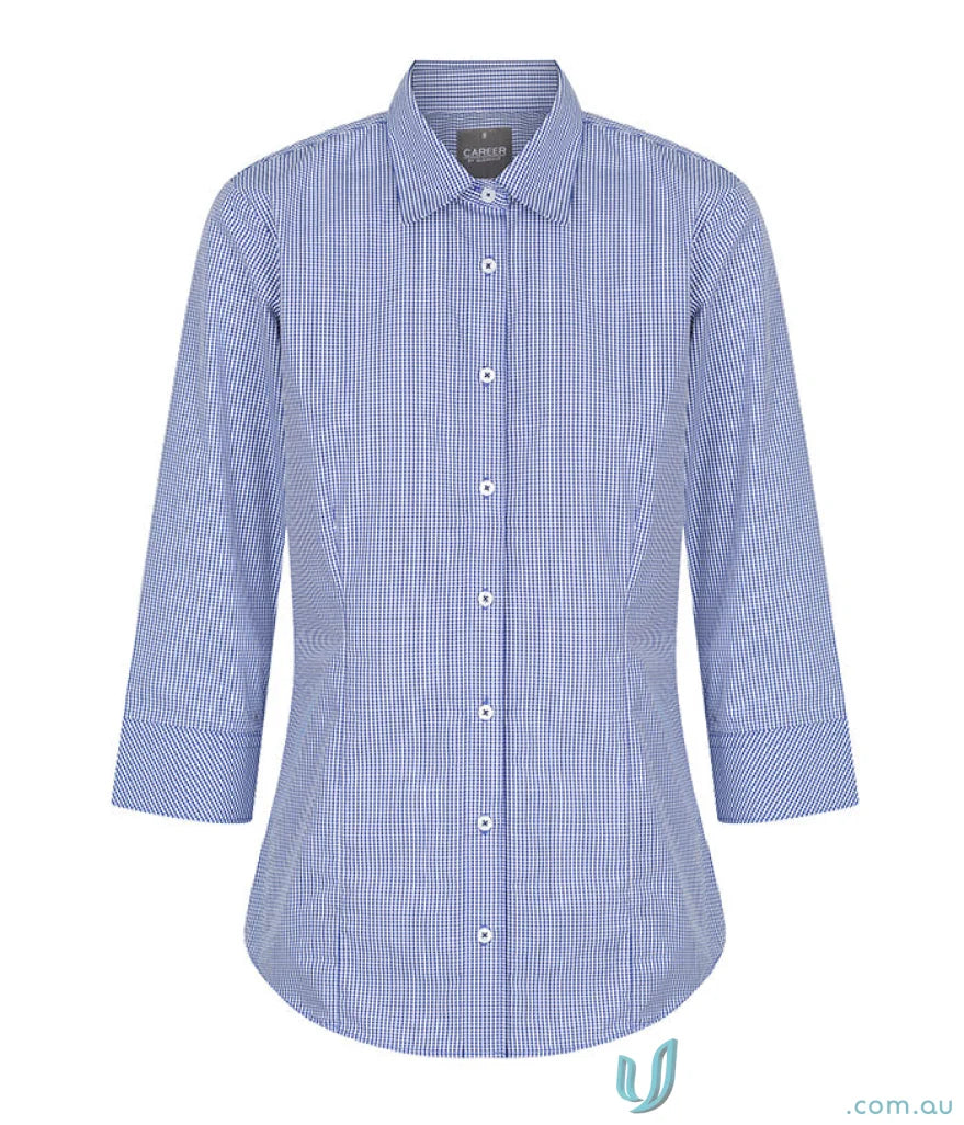 Westgarth Gingham 3Q shirt in blue and white checkered fabric, easy iron for uniforms