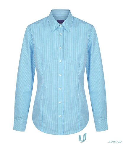 Light blue striped long sleeve shirt made of silk protein with easy iron feature at Westgarth Gingham LS Shirt