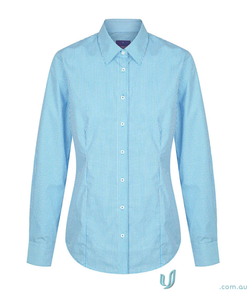 Light blue striped long sleeve shirt made of silk protein with easy iron feature at Westgarth Gingham LS Shirt