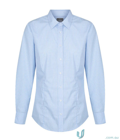 Light blue striped long sleeve Westgarth Gingham LS Shirt with easy iron silk protein fabric