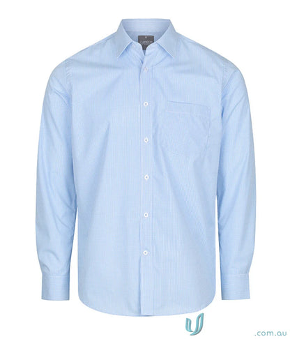 Westgarth Gingham silk protein shirt in light blue striped easy iron long sleeve style