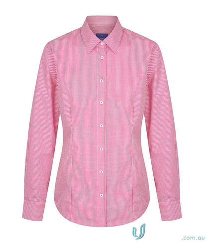 Pink and white striped long sleeve Westgarth Gingham LS Shirt made with easy iron silk protein