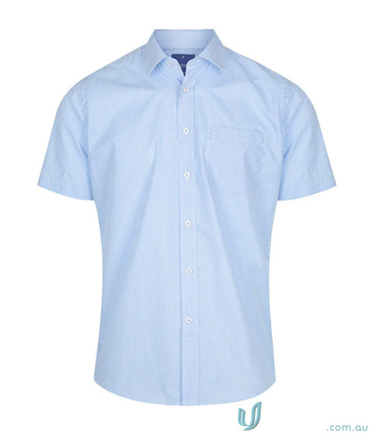 Light blue striped Westgarth 1637s gingham SS shirt with silk protein finish