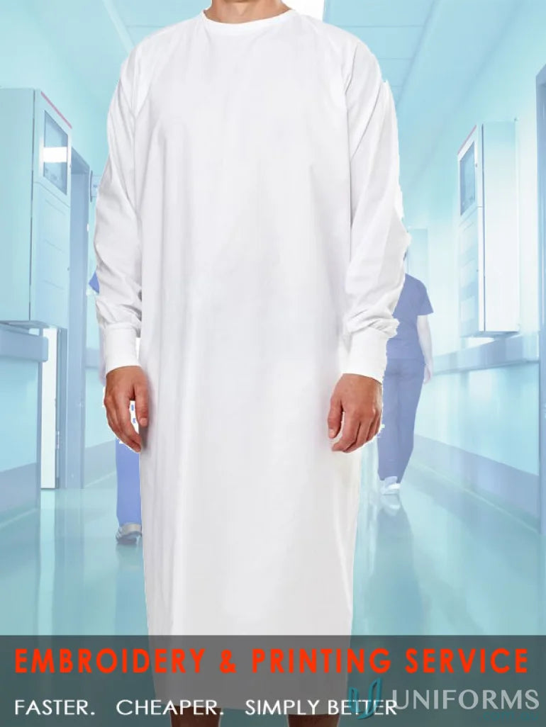 White LS Patient Gown with long knit cuffs, perfect for reliable hospital uniforms