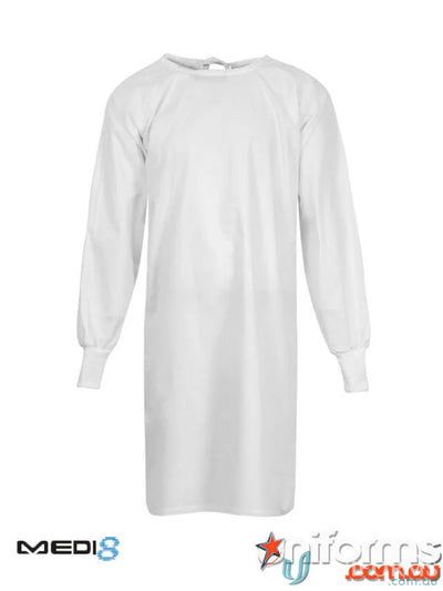 White long-sleeved patient gown with long knit cuffs from reliable uniforms collection