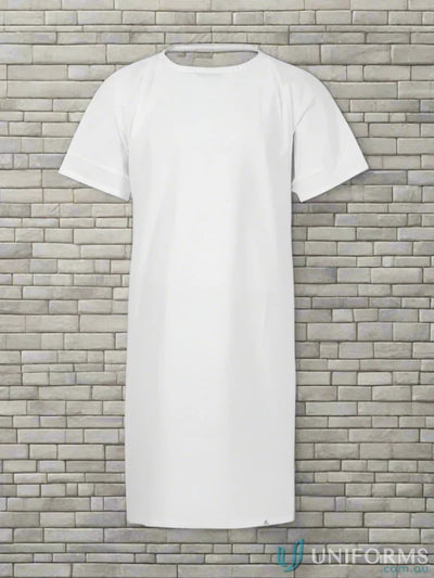 White short-sleeved knee-length t-shirt dress ideal as a patient gown for aged care and rehab