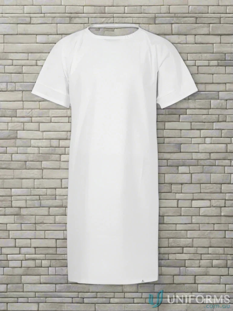 White short-sleeved knee-length t-shirt dress ideal as a patient gown for aged care and rehab