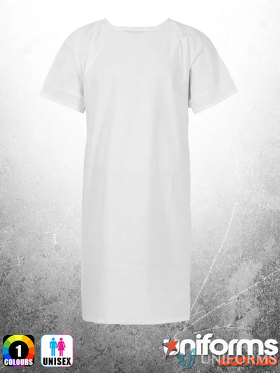White unisex t-shirt dress suitable as a patient gown for aged care facilities and rehab centers