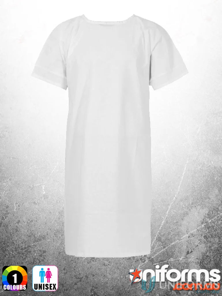 White unisex t-shirt dress suitable as a patient gown for aged care facilities and rehab centers