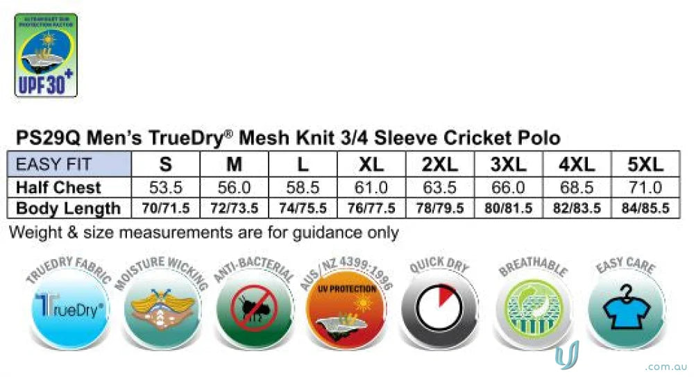 Men’s polo shirt size chart for Winning Spirit 3Qtr Cricket Polo made with Truedry® Cotton