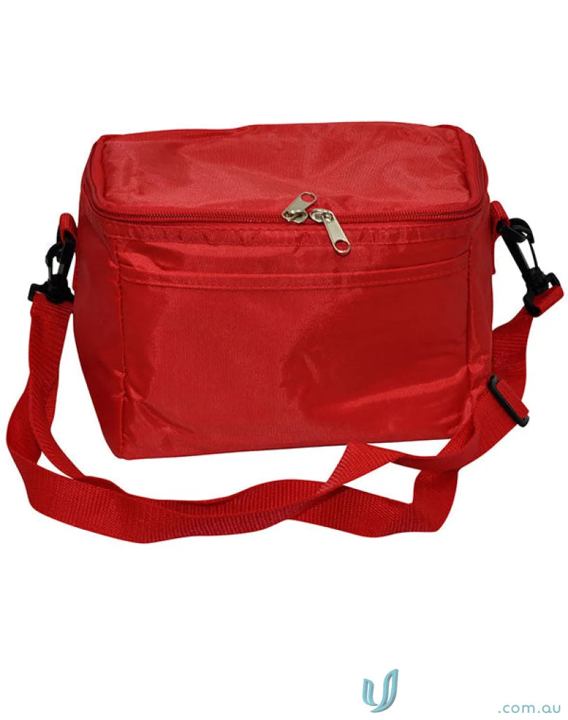Bright red Winning Spirit 6 Can Cooler Bag with zipper and adjustable strap for drinks cools
