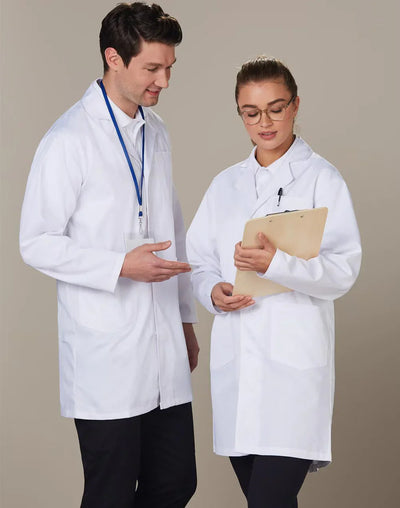 Winning Spirit adult lab coat with long sleeves, front pockets, concealed stud buttons