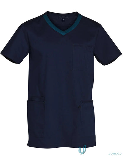 Winning Spirit Adult VNeck Contrast Trim Scrub Top navy blue with green trim for a stylish look