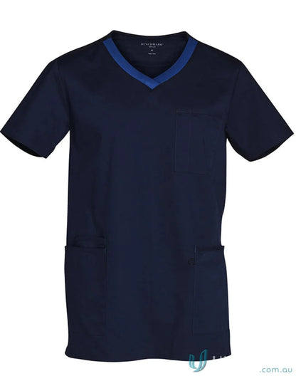 Winning Spirit Adult navy blue V-neck scrub top with contrast trim for a stylish look
