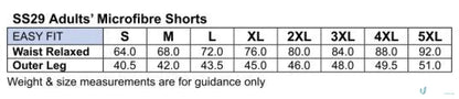 Size chart for Winning Spirit Adults SS29 Microfibre Shorts with waist and leg sizes