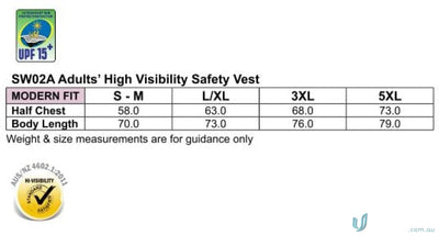 Safety vest size chart for Winning Spirit AIW HiVis 120gsm Vest product images