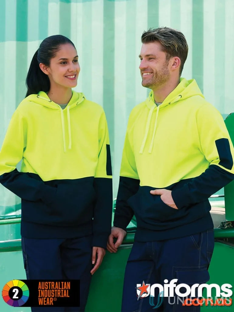Two people showing off Winning Spirit Hi-Vis Two-Tone Fleecy Hoodie with pockets