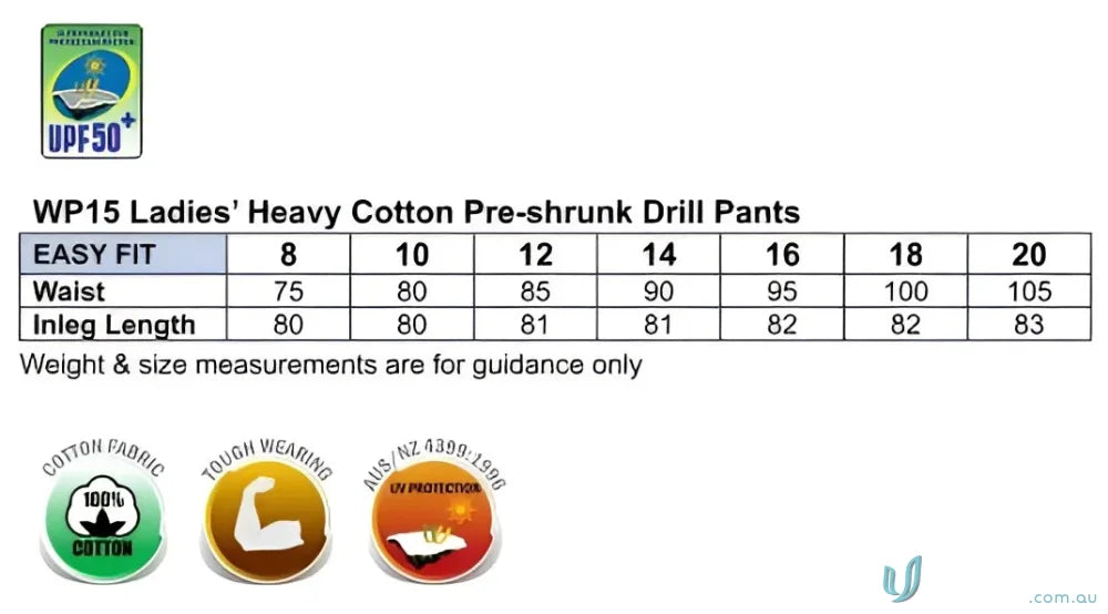 Ladies Heavy Cotton Pre-shrunk Drill Pants Size Chart for Spirit AIW Cargo Pants