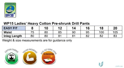 Ladies Heavy Cotton Pre-shrunk Drill Pants Size Chart for Spirit AIW Cargo Pants
