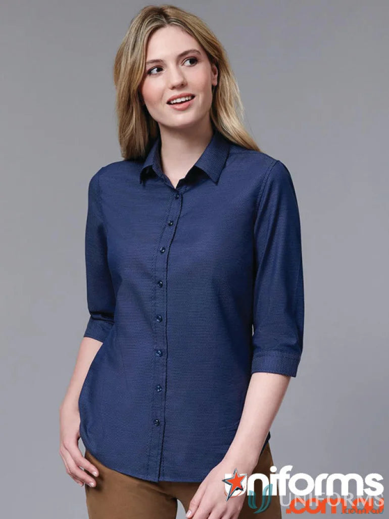 Woman wearing navy dot jacquard Winning Spirit Ascot Ladies 3/4 shirt