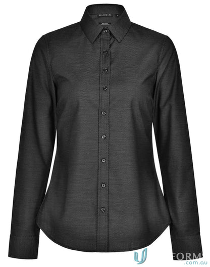Black Black Long-Sleeved Button-Down Shirt from Winning Spirit Ascot Ladies Long Dot Jacquard Stretch Shirt