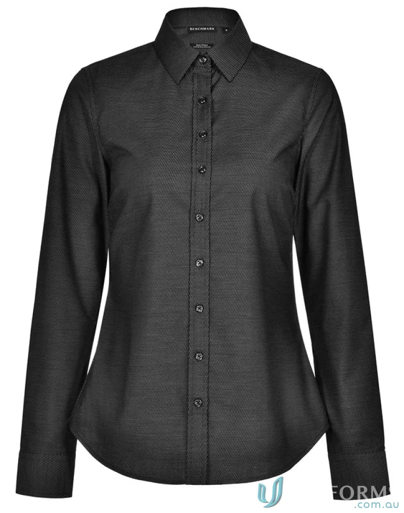 Black Black Long-Sleeved Button-Down Shirt from Winning Spirit Ascot Ladies Long Dot Jacquard Stretch Shirt