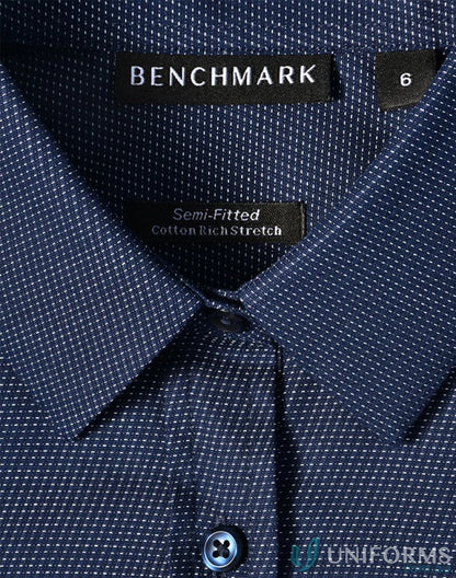 Blue patterned ascot ladies long sleeve dot jacquard stretch shirt for women