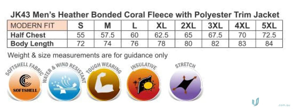 Jk43 Bristol Winning Spirit men’s jacket size chart with thumb hole feature and fabric details