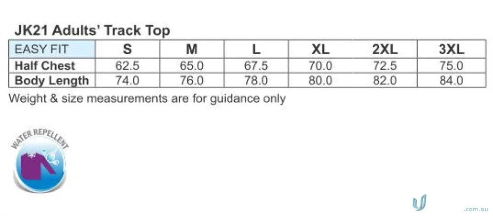 Adult track top size chart for Winning Spirit Champion Track Jacket, unisex champion’s fit