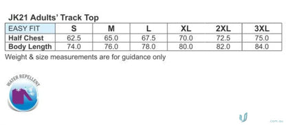 Adult track top size chart for Winning Spirit Champion Track Jacket, unisex champion’s fit