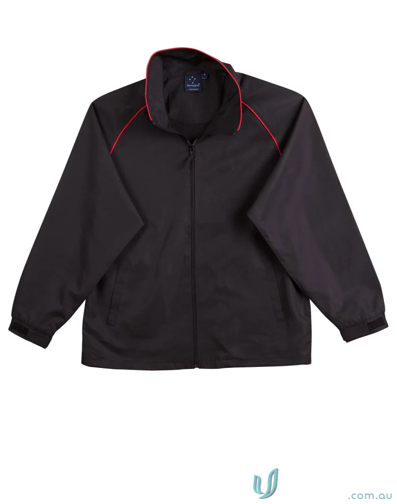 Black zip-up champion track jacket with red trim, perfect for unisex champion’s style