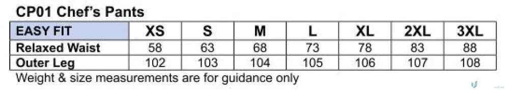 Size chart for Winning Spirit CP01 Chef’s Pants with elastic waistband and patch pocket