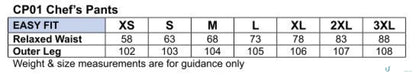 Size chart for Winning Spirit CP01 Chef’s Pants with elastic waistband and patch pocket