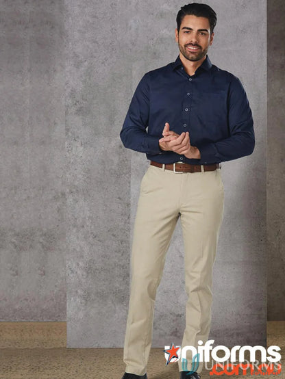 Man in navy shirt and khaki pants modeling Winning Spirit Chino Pants m9360 men’s chino
