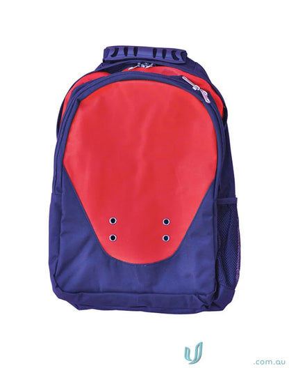 Red and navy blue Winning Spirit Climber Backpack with large main compartment and ventilation holes