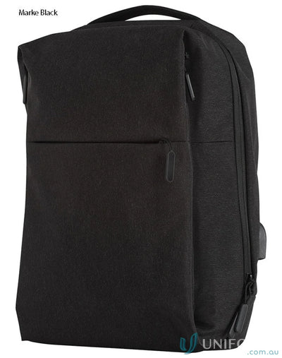 Black minimalist Winning Spirit Executive Heather Backpack with secure padded laptop section