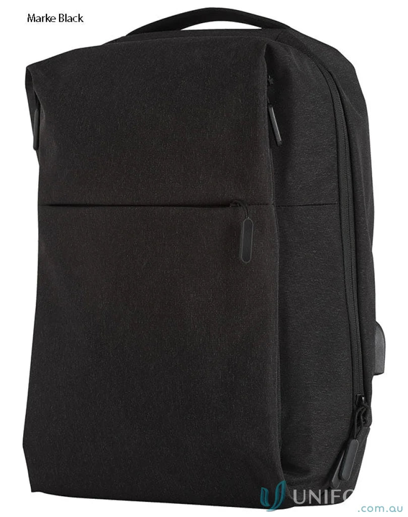 Black minimalist Winning Spirit Executive Heather Backpack with secure padded laptop section
