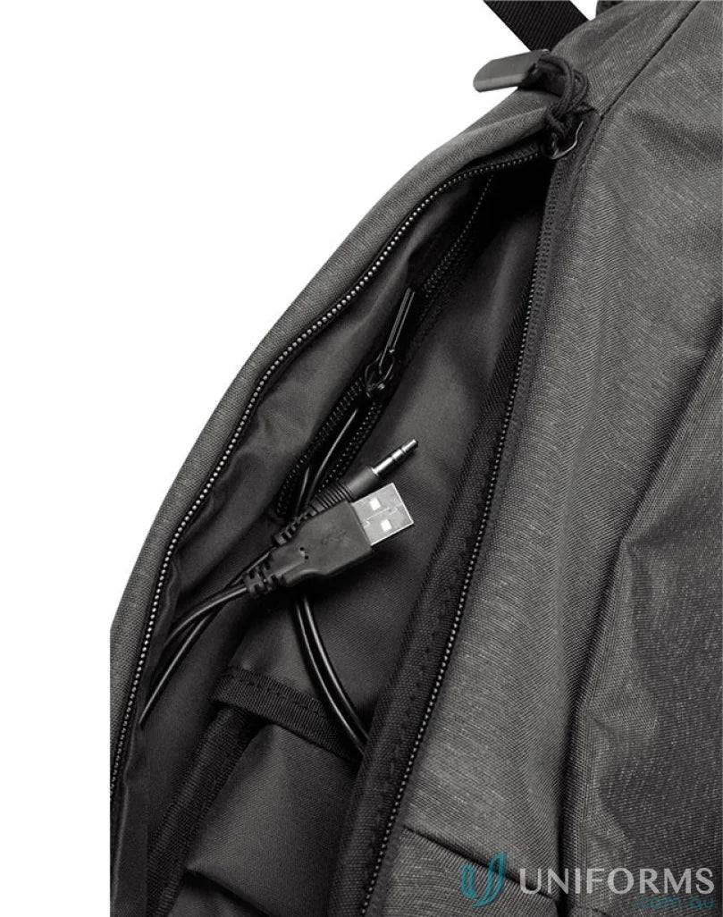 Open Winning Spirit Executive Heather Backpack showing secure padded laptop section with USB cable