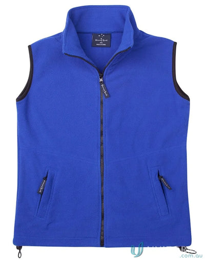 Blue fleece vest with black trim from Winning Spirit Freedom Polar Fleece line, anti-pill polar fleece