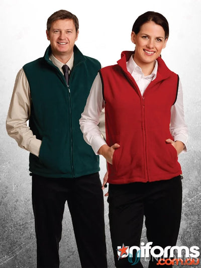 Two people showing off the Winning Spirit Freedom Polar Fleece Vest in cozy anti-pill polar fleece