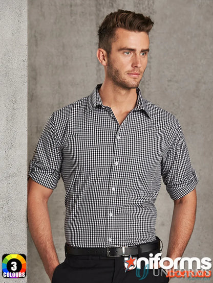 Man in black and white check men’s gingham check Winning Spirit Gingham Roll Up LS Shirt