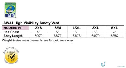 Winning Spirit SW41 Hi-Vis Safety Vest size chart with multiple chest pockets