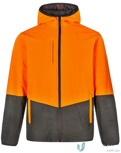 Winning Spirit HiVis hooded puffer jacket in orange and charcoal gray with zip pockets