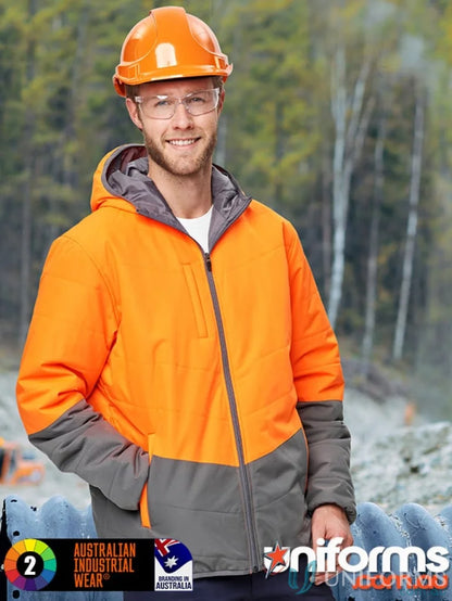 Smiling man wearing Winning Spirit HiVis hooded puffer jacket in orange and grey spirit sw80