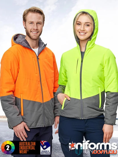 Two people wearing Winning Spirit HiVis Hooded Puffer Jackets in orange and neon yellow