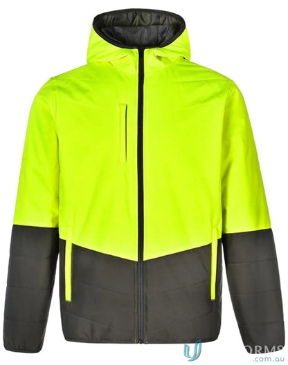 Winning Spirit HiVis hooded puffer jacket in yellow and grey with zip pocket Spirit SW80