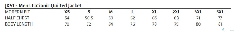 Men’s jacket size chart for Winning Spirit Jasper Cationic Quilted Jacket with jasper cationic fabric