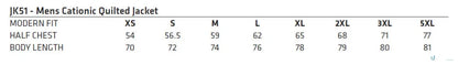 Men’s jacket size chart for Winning Spirit Jasper Cationic Quilted Jacket with jasper cationic fabric