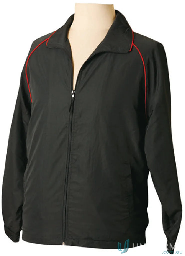 Black zip-up jacket with red trim from Winning Spirit Kids Champion Track series