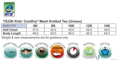 Kids CoolDry mesh knitted tee size chart for Winning Spirit Kids spirit kids cooldry ts23k